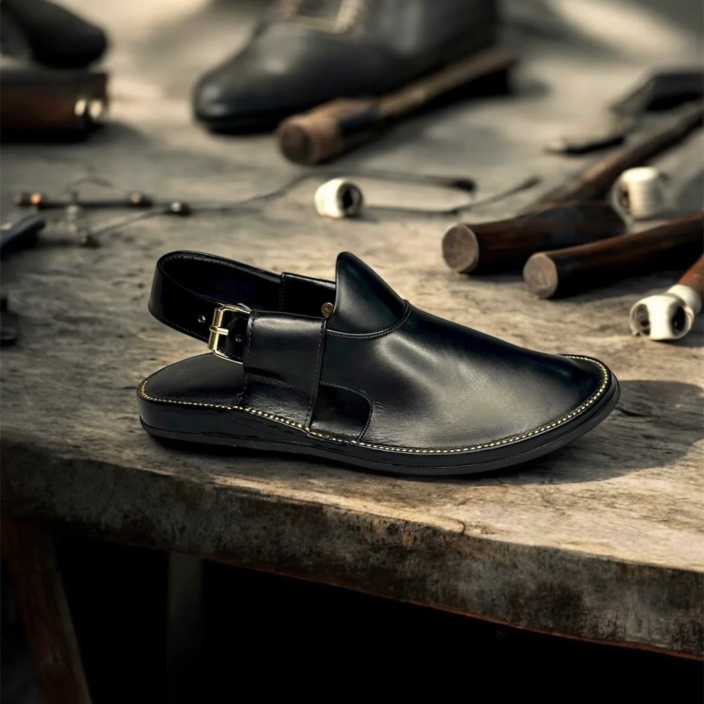 Black leather men's sandal with buckle on rustic workbench surrounded by shoemaking tools