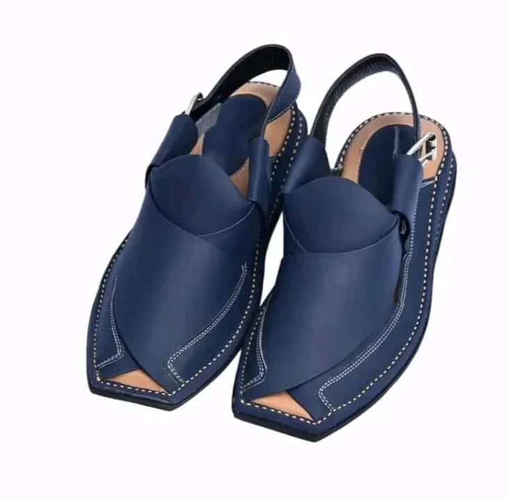 Elitzz stylish navy blue leather sandals with slingback straps and white stitching detail