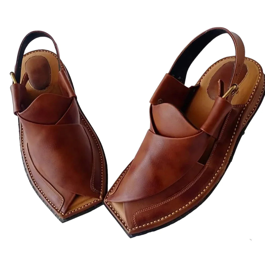 Brown leather traditional Peshawari chappal sandals with stitched detailing and slingback straps