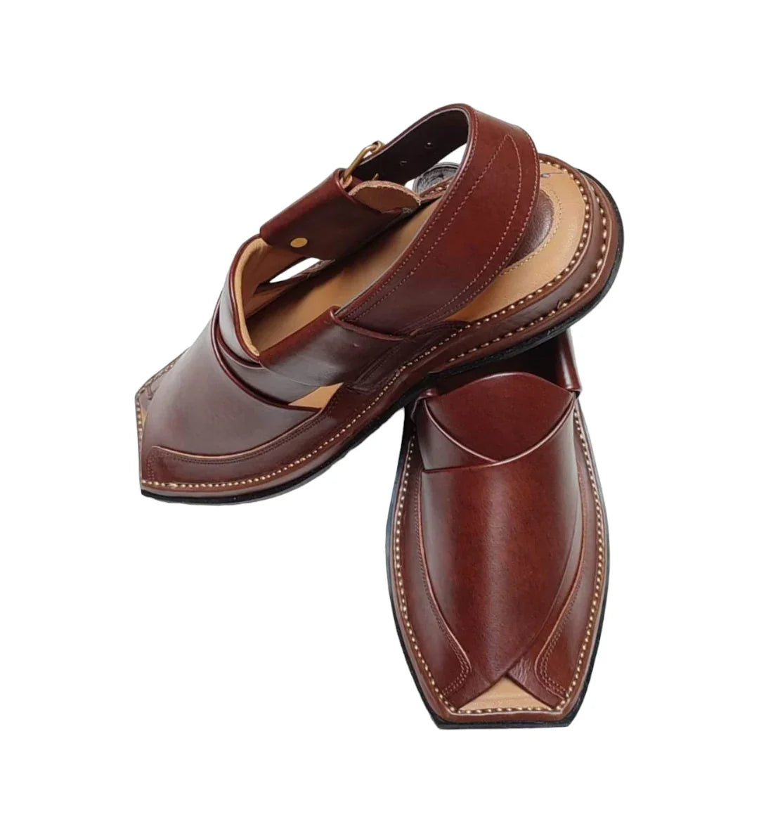 Elegant brown leather Peshawari chappal sandals with stitched detailing, traditional Pakistani footwear