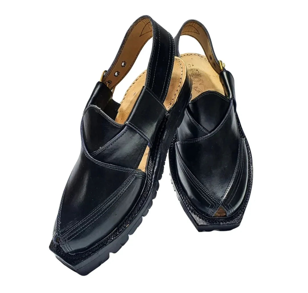 Black leather traditional Peshawari chappal sandals with a sturdy sole and back strap