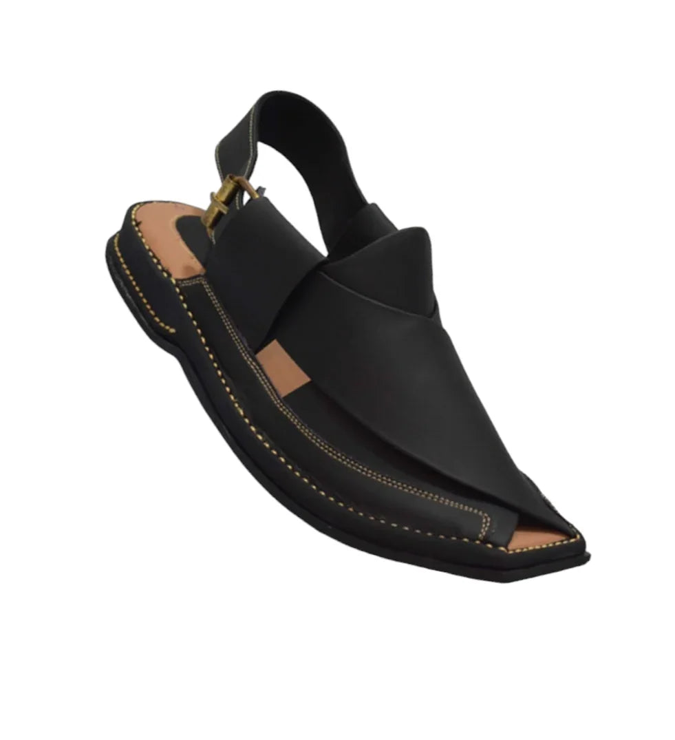 Elitzz black leather men's open toe sandal with slingback strap and contrast stitching
