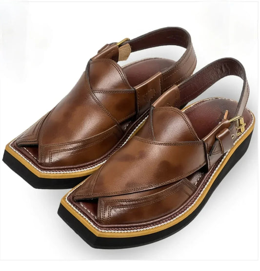 Elitzz brown leather Peshawari chappal sandals with buckle strap and black sole